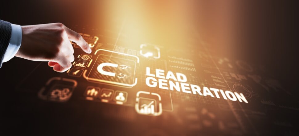 Hand pointing at a digital interface with 'LEAD GENERATION' text and magnet icon by beMarketing.