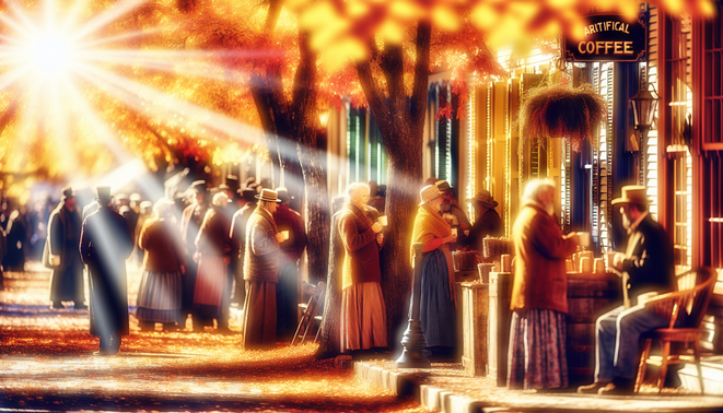 alt_text: A cozy autumn scene with colorful leaves, vintage shops, and people sipping coffee in warm sunlight.
