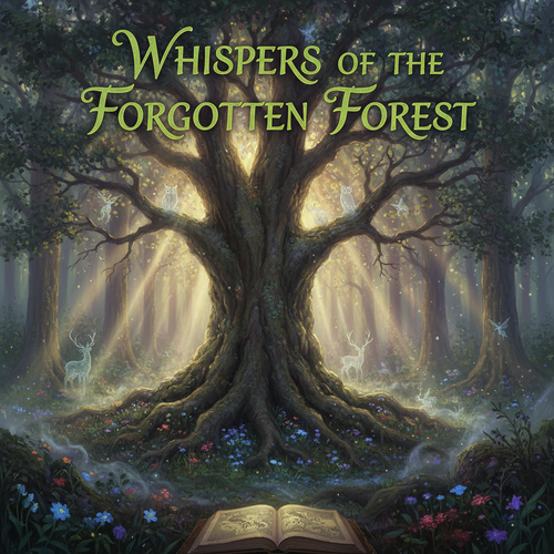 alt_text: A twilight forest scene with a gnarled tree, wildflowers, and ethereal creatures, exuding magic.